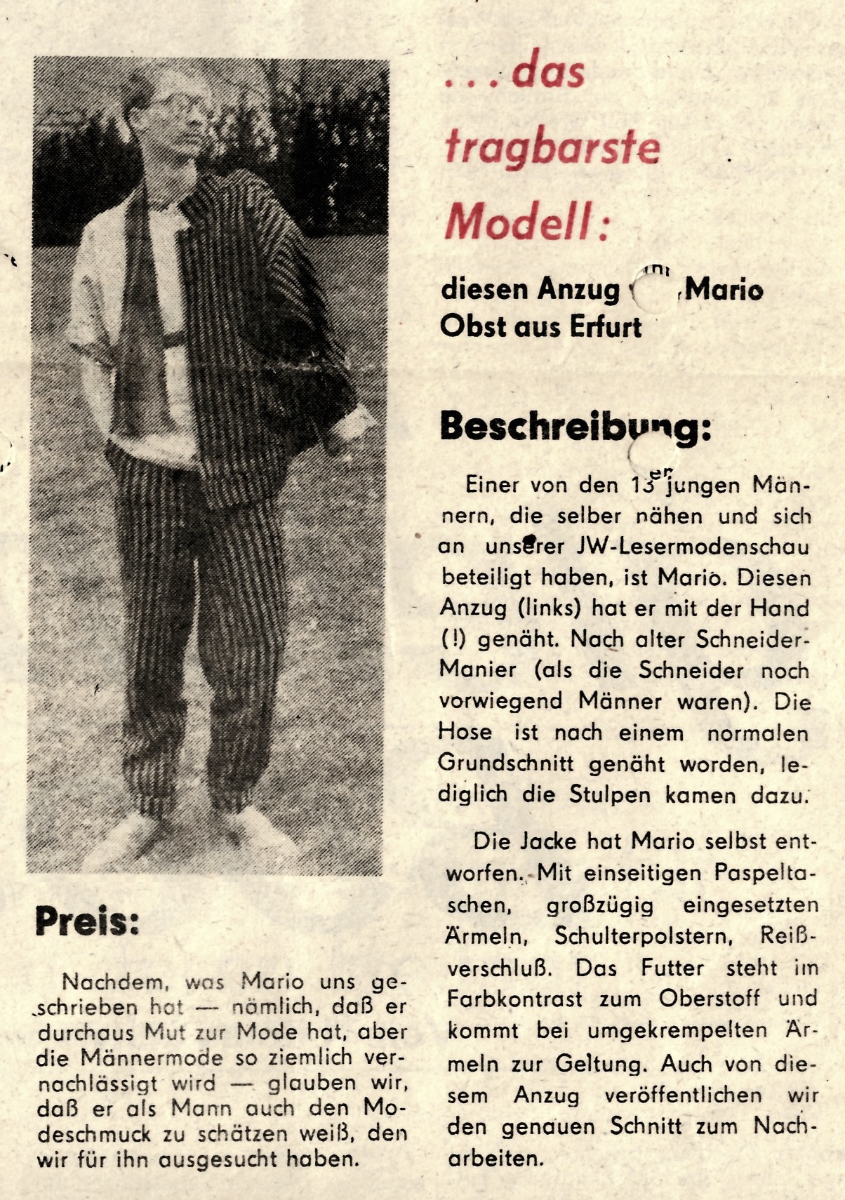 Zeitungsausschnitt über Mario Obst als Preisträger der Junge-Welt-Lesermodenschau vom 4. November 1988