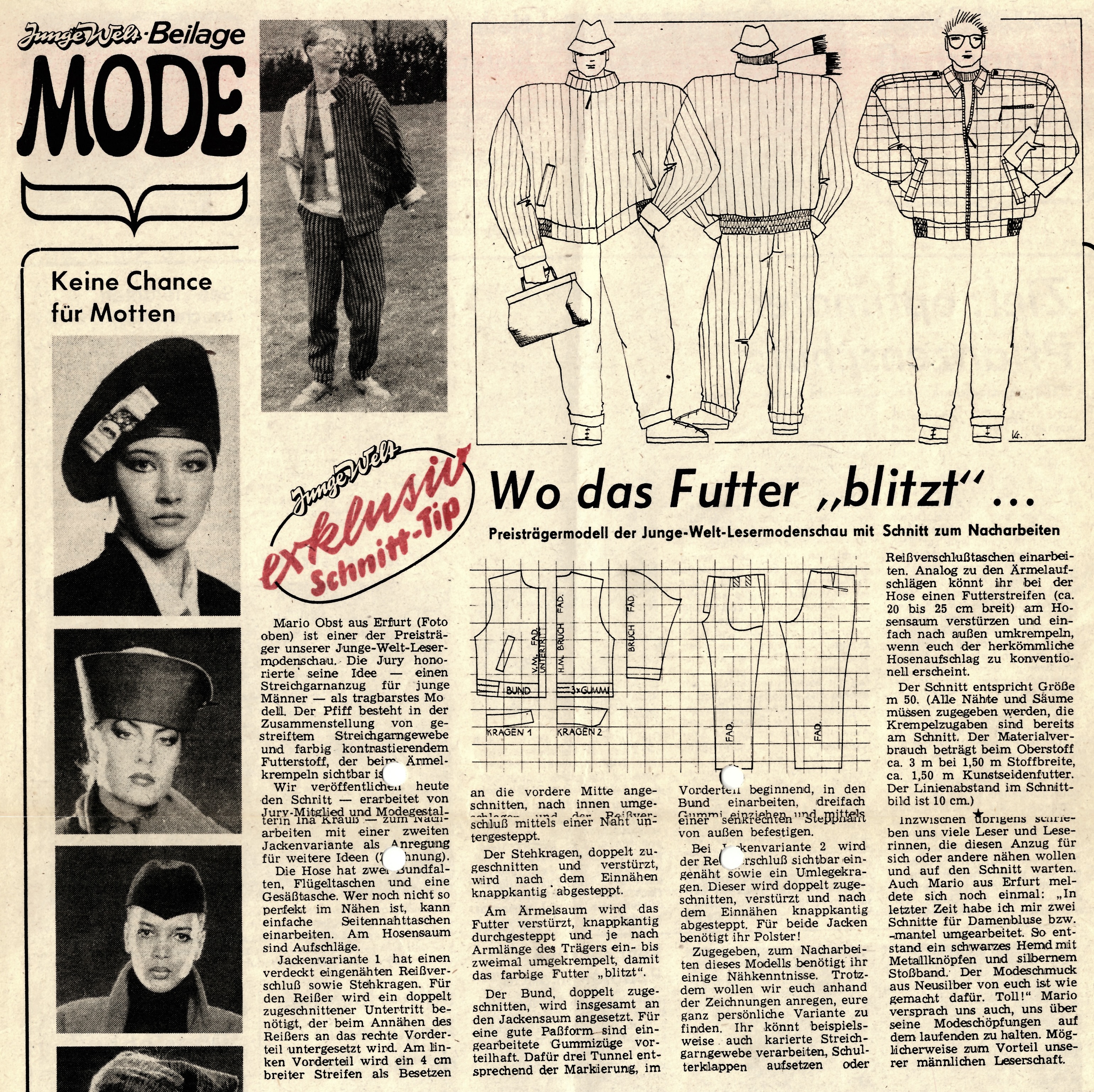 Modebeilage der Jungen Welt mit dem Preisträgermodell und Schnitt von Mario Obst, 13. Januar 1989