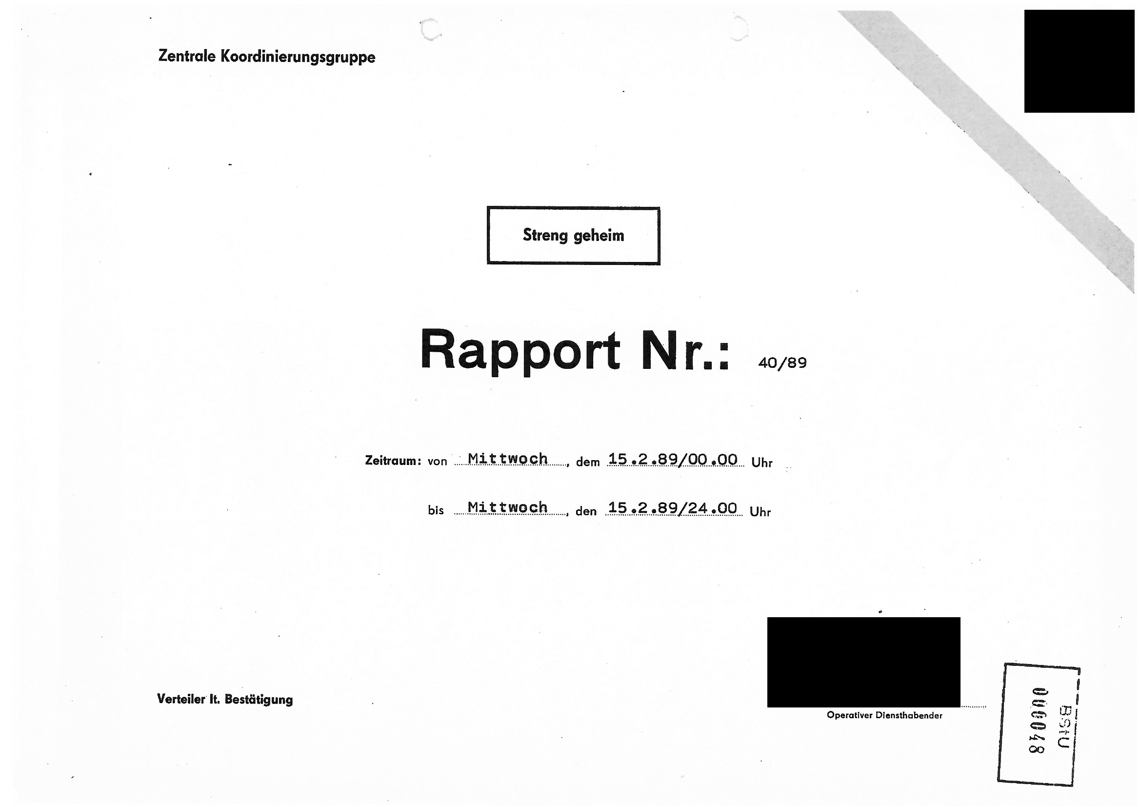 Deckblatt des streng geheimen Rapports vom 15. Februar 1989