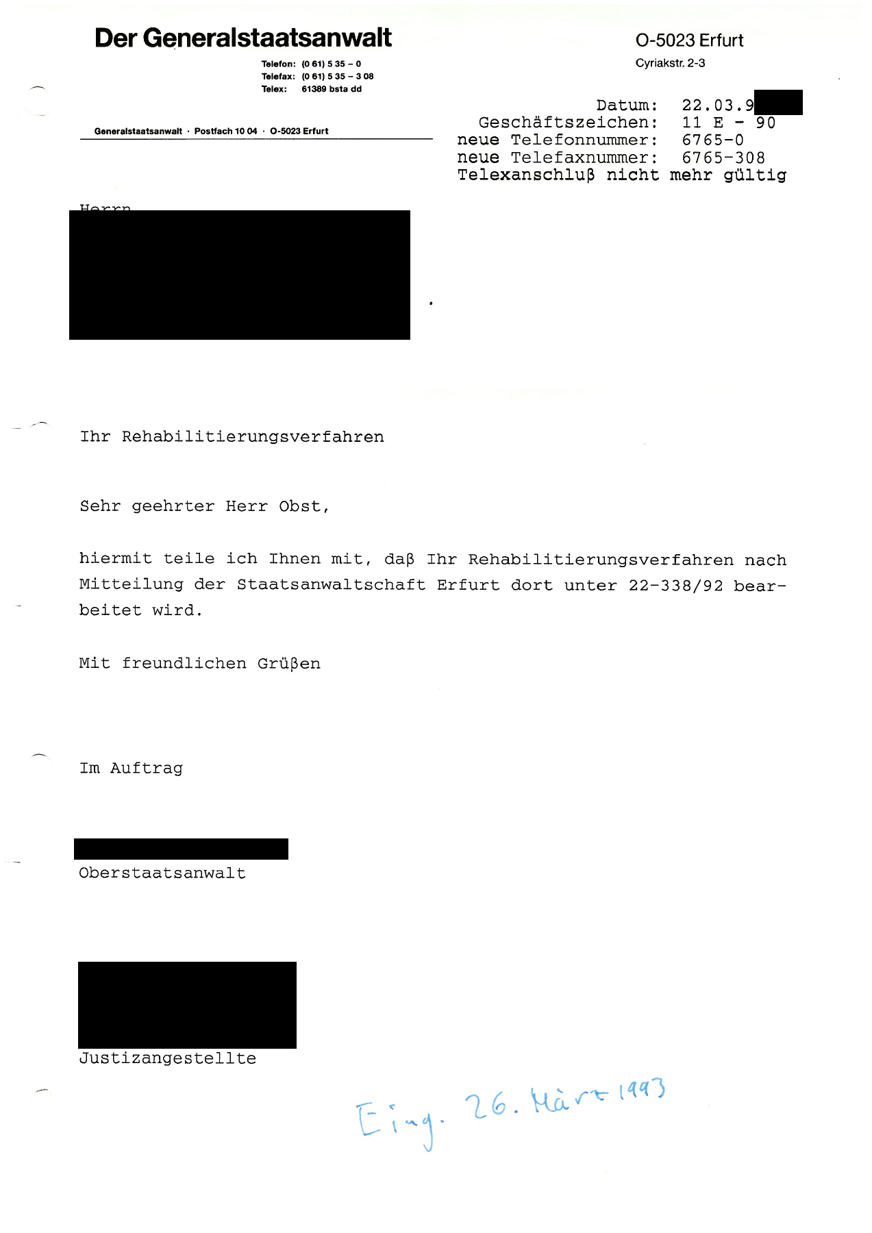 22. März 1993 – Verfahrensmitteilung, Seite 1, geschwärzte Fassung