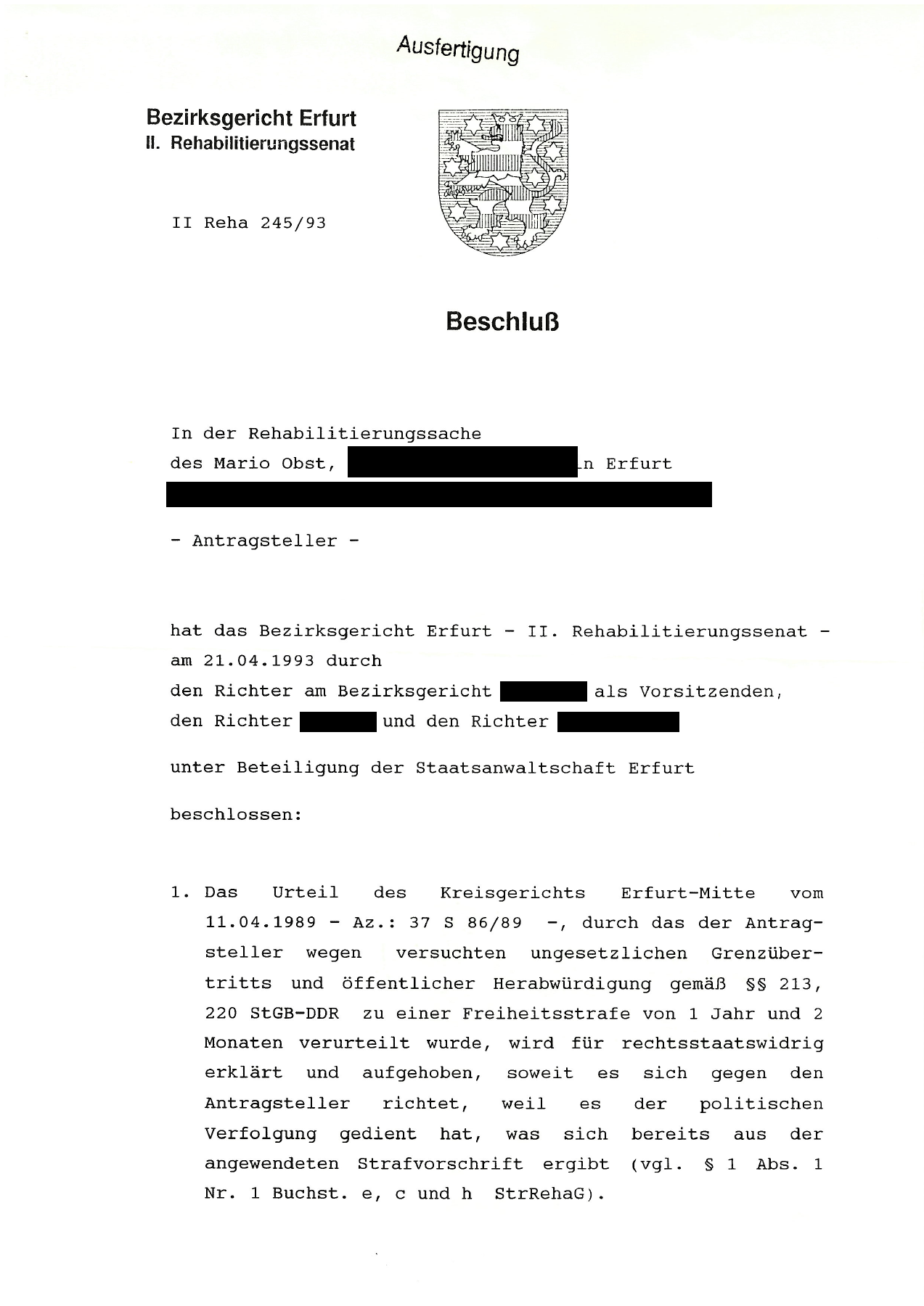 21. April 1993 – Rehabilitierungsbeschluss, Seite 1, geschwärzte Fassung